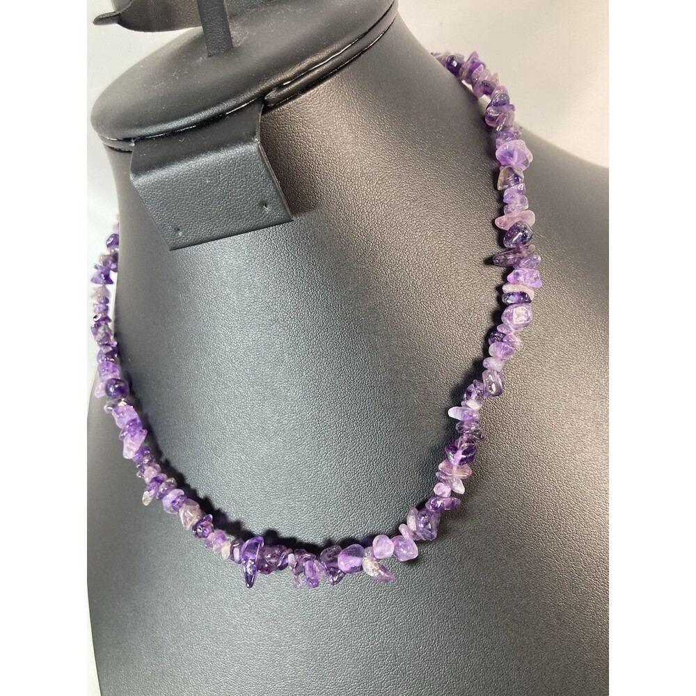 Genuine 19" Natural Amethyst Beaded Chip Nugget Necklace Choker Lobster Clasp